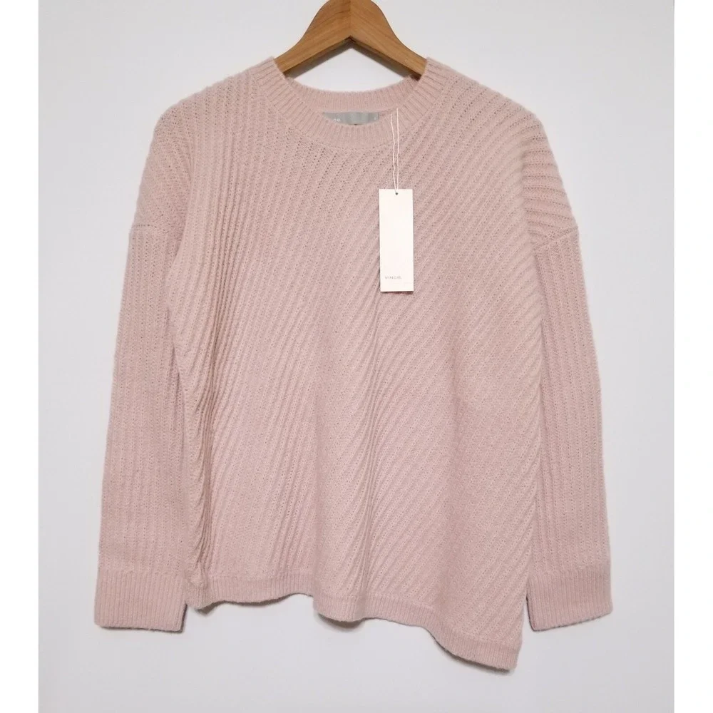 Vince Side Slit Wool Blend Ribbed Knit Crew Neck Sweater Blush Pink XS $325